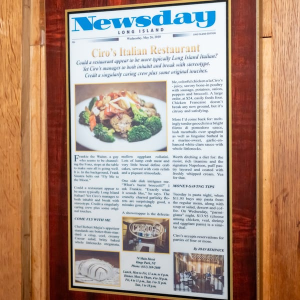 A framed newspaper article from Newsday Long Island reviewing Ciro's Italian Restaurant.