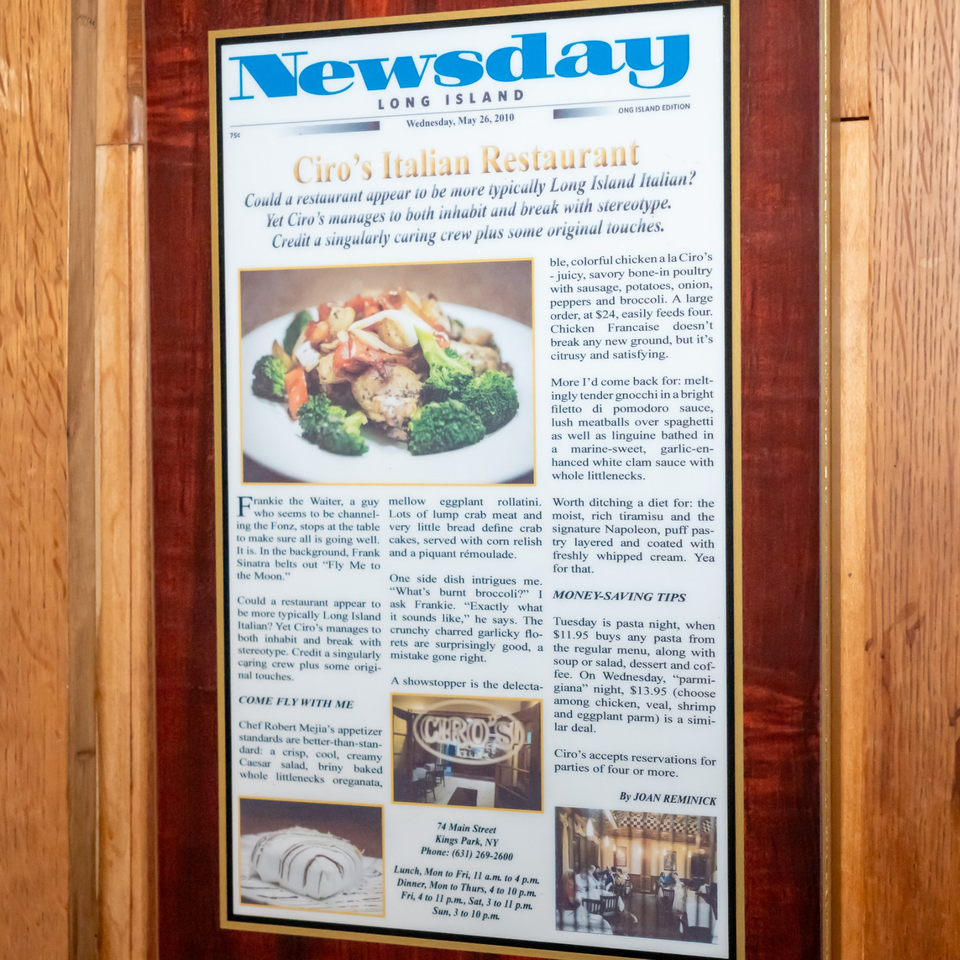 A framed newspaper article from Newsday Long Island reviewing Ciro's Italian Restaurant.
